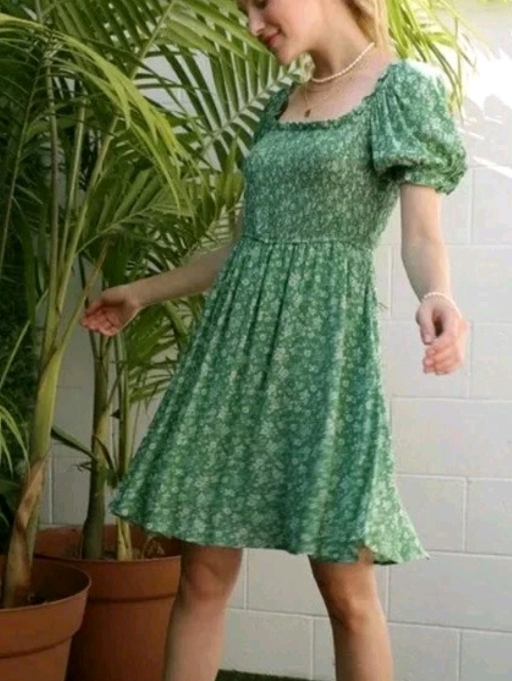 Lilou Mini Dress Smocked Lined Floral Green White Puff Short Sleeve Women's M